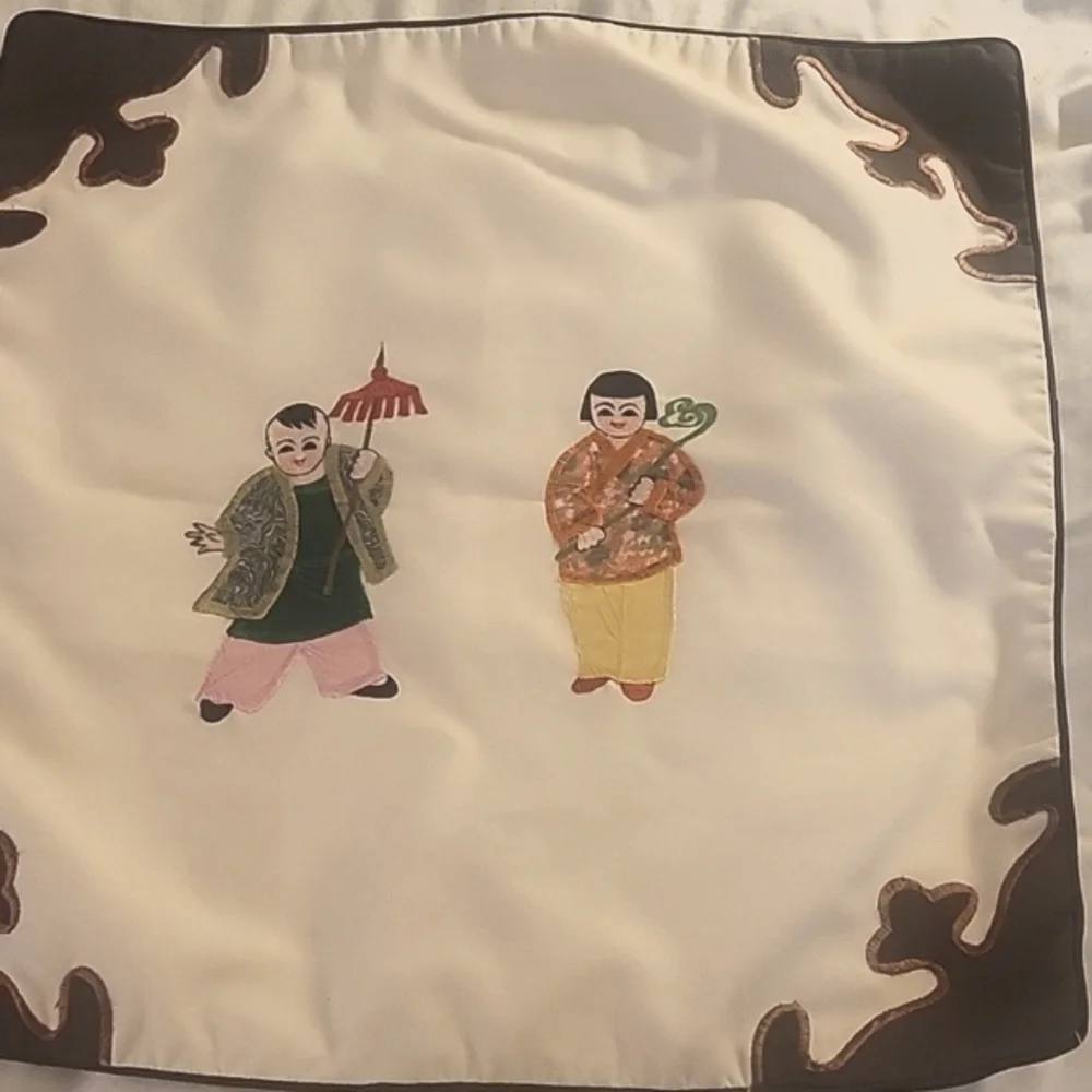 Set of Asian Embroidered Square Pillow Covers with Brown Accents